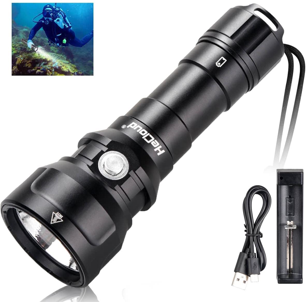 WholeFireDiving Torch Super Bright 2000 Lumens 120M Underwater Flashlight Professional Scuba Snorkeling IPX8 Waterproof PM70 LED Torch Dive Lights with Charger