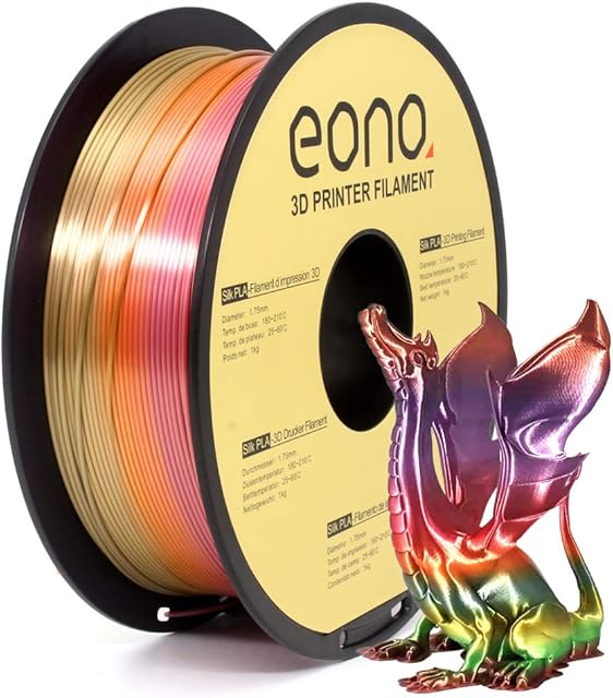 Amazon Brand - Eono Silk Shiny PLA 3D Printer Filament 1.75mm Silk Rainbow PLA Filament Shinning Surface with Multicolor. 1kg Spool,Accuracy 0.03mm.