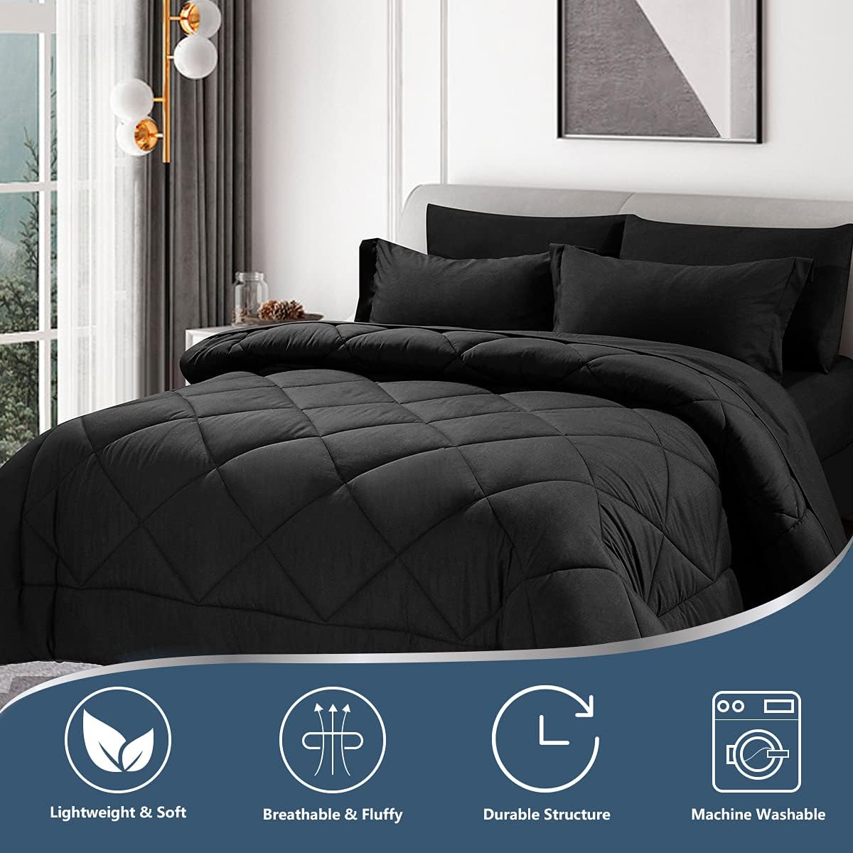 CozyLux Full/Queen Comforter Set with Sheets 7 Pieces Bed in a Bag Black All Season Bedding Sets with Comforter, Pillow Shams, Flat Sheet, Fitted Sheet and Pillowcases : Home & Kitchen
