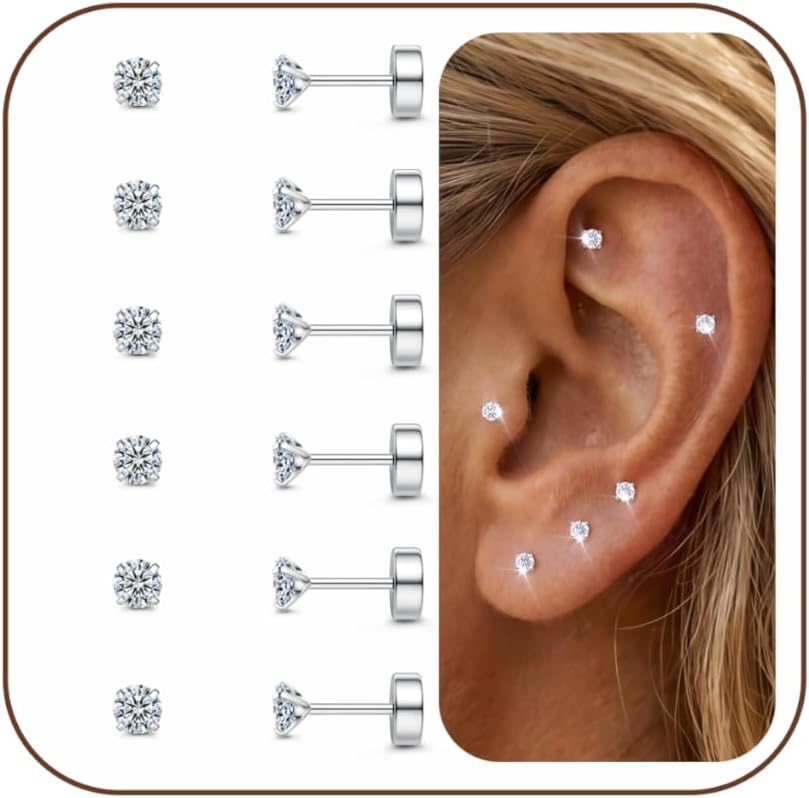 CASSIECA 20G Flat Back Earrings for Women Men Hypoallergenic Tiny Stud