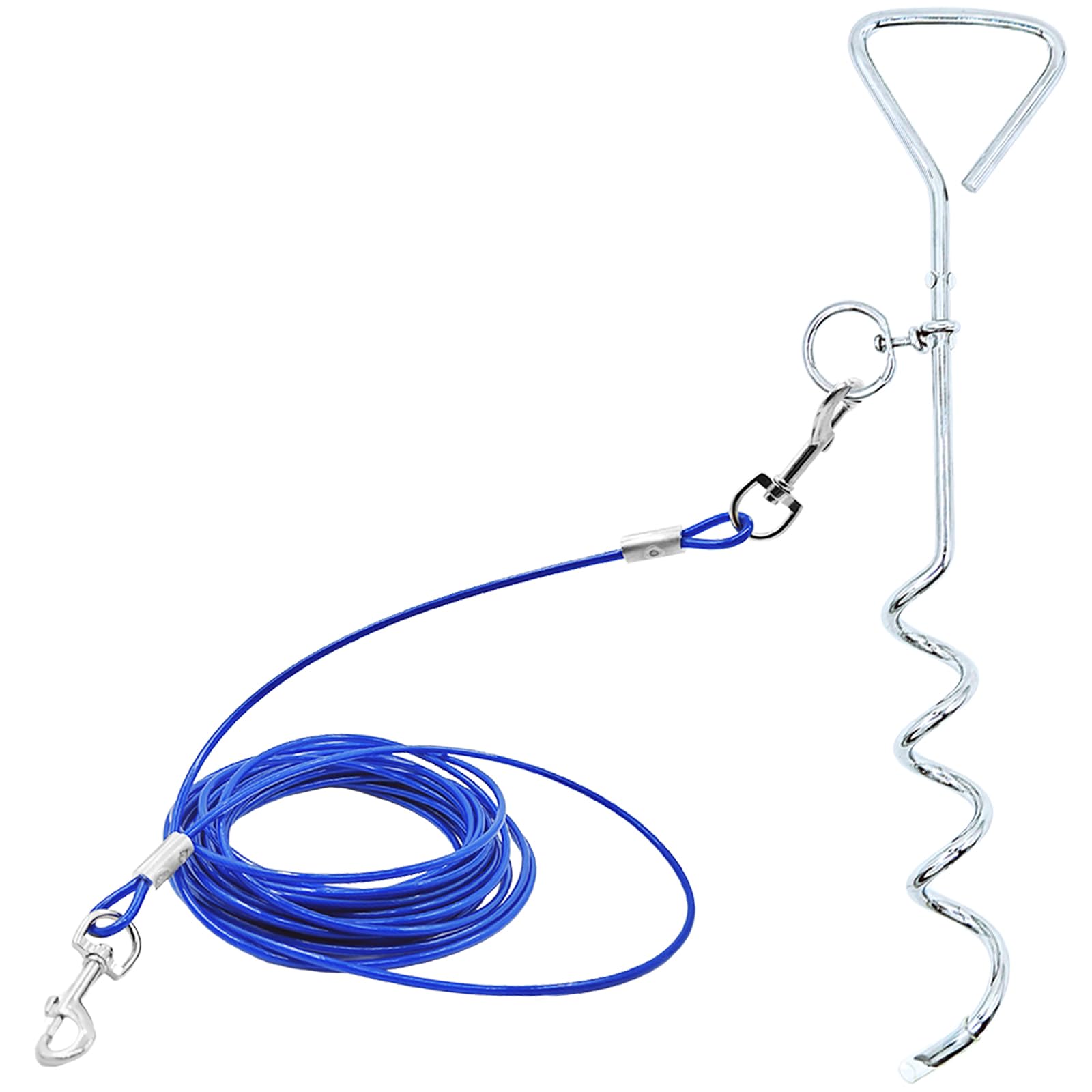 Dog Tie-Out Stake and Cable 30ft Heavy Duty Spiral Ground Stake Tethering Anchor Dog Leash Chain rope Metal 360 Swivel Hook for Small Medium Large Dogs Outdoor (Stake+Cable)