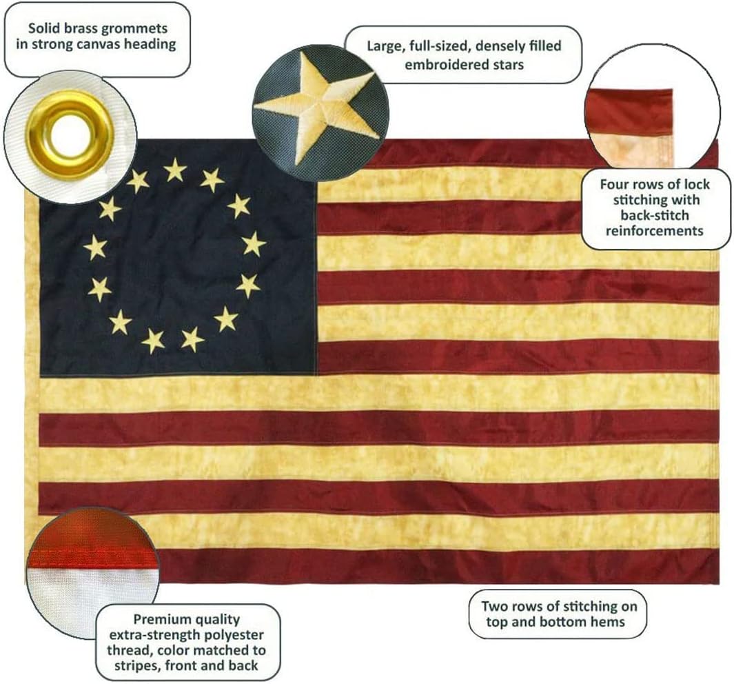 USA Flag Co. Historical Betsy Ross Flag 3x5 foot | Heavy Duty Polyester, Embroidered Stars, Sewn Stripes, Brass Grommets (Heritage Tea Stained)