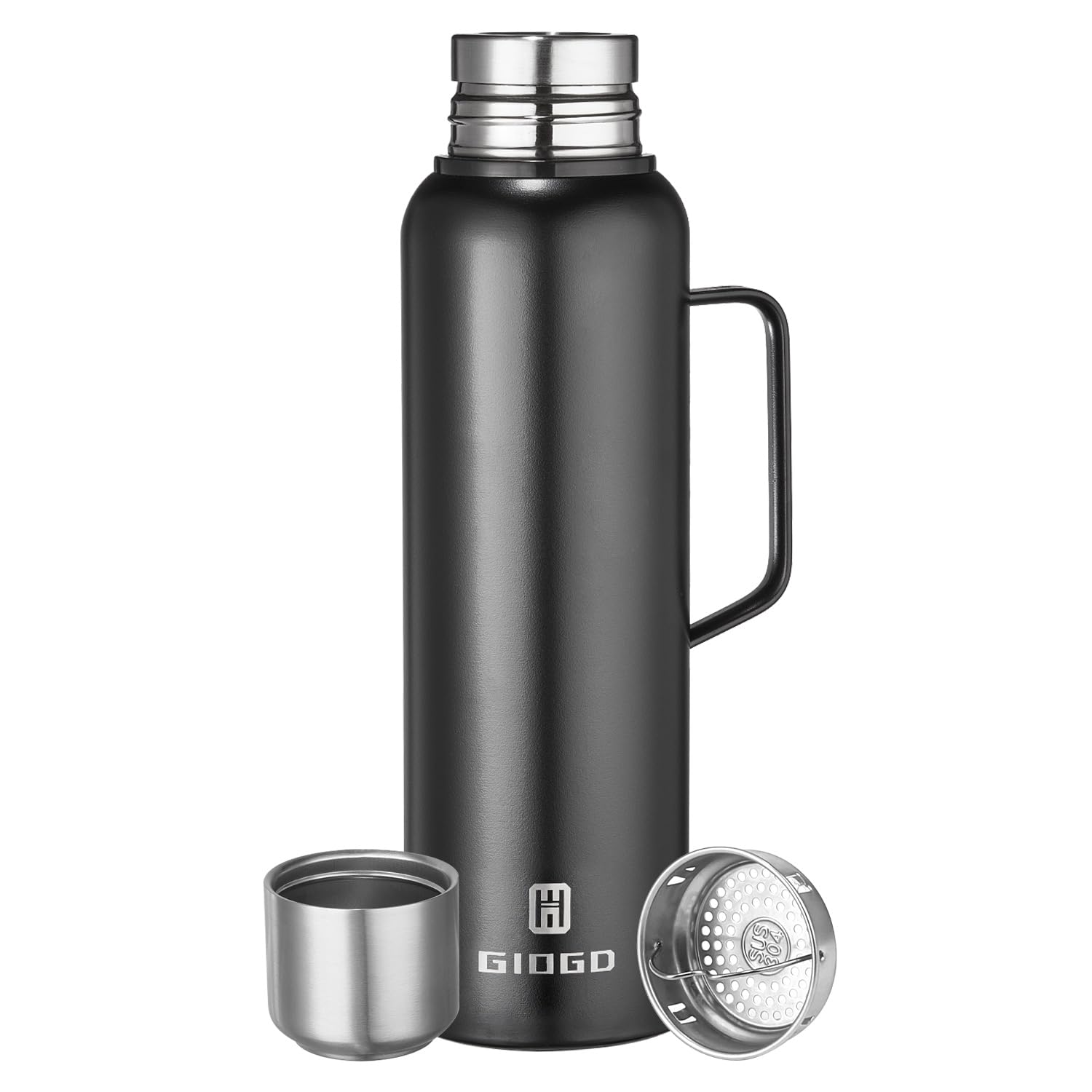 Borraccia termica sottovuoto da 1500 ml, con coperchio a tazza, in acciaio inox, thermos a tenuta stagna, mantiene il caffè caldo e freddo (nero, con manico, 1500 ml)