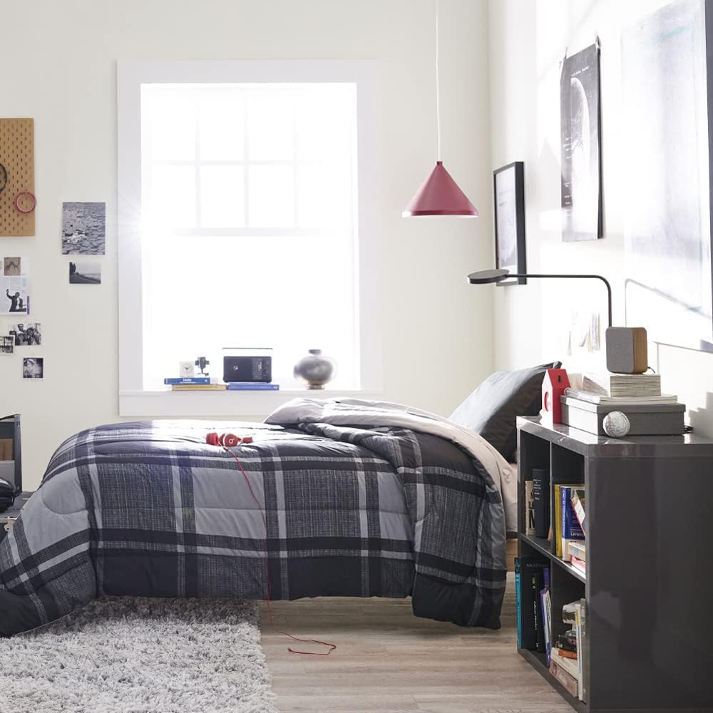 OCM Comfort Dorm Essentials Value Pack - 19 Piece Twin XL Set | Twin XL | Comforter, Sheets, Topper, Towels, Storage & More | Wonderland Gray | Oversized Plaid in Black & Gray