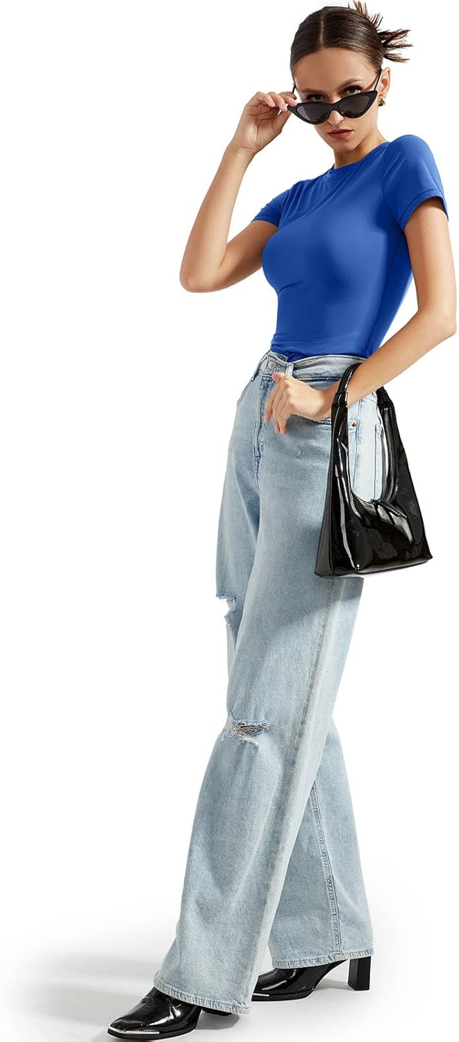 SUUKSESS Women Double Lined Fitted Basic Tee Crew Neck Short Sleeve Y2K Crop Top - Image 5