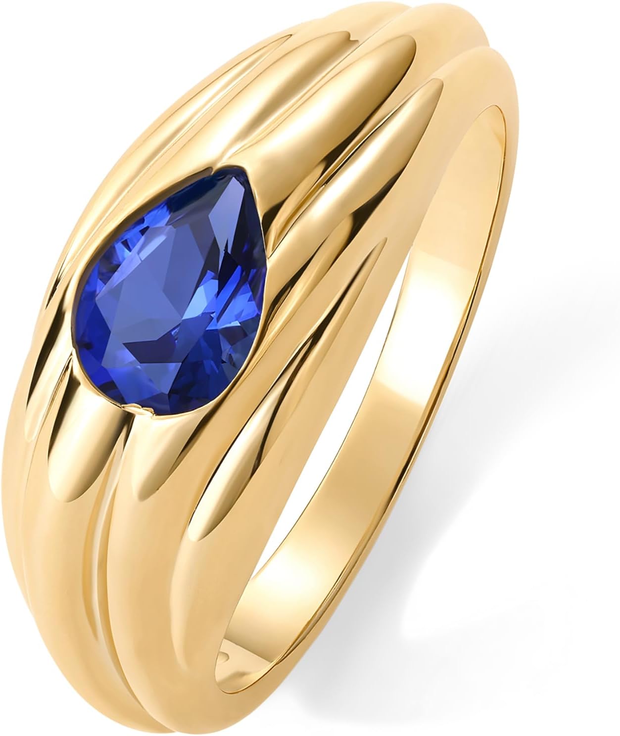 14K Gold Plated Chunky Colored Gemstones Statement Ring for Women | Blue Pink Green Pear Cubic Zirconia Stackable Wave Texture Bands