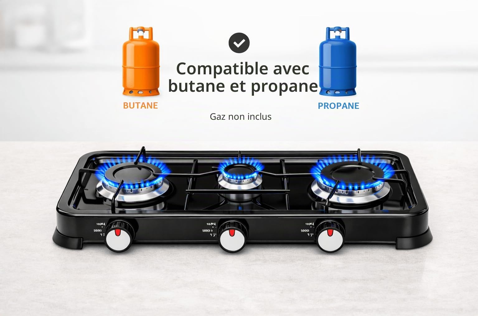 Réchaud à gaz portable à 3 feux pour extérieur, réchaud à gaz butane et propane avec couvercle amovible, flamme réglable, 5,4 kW, cuisinière d'appoint compacte (3 feux)