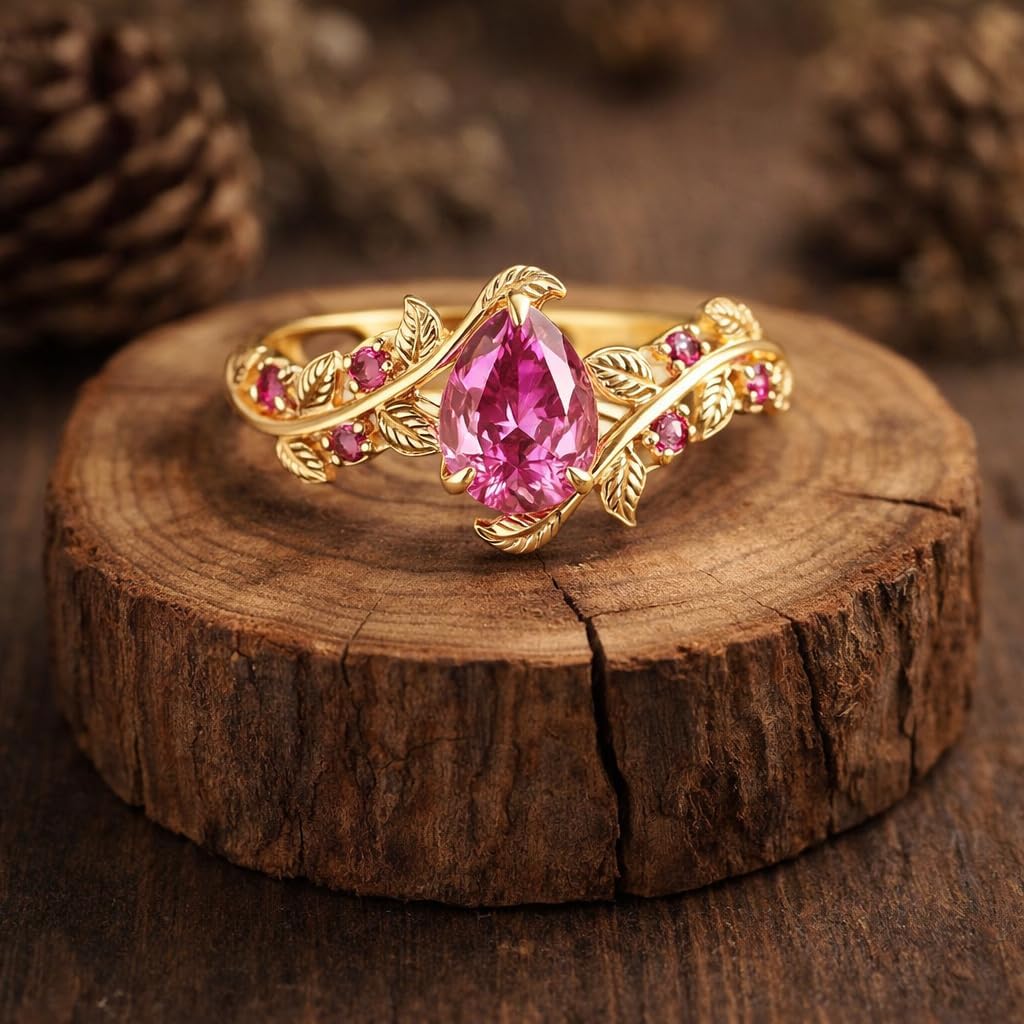 Pear Cut Pink Sapphire Engagement Ring 14K Yellow Gold Leaf Inspired Art Deco Bridal Ring Unique Promise Wedding Jewelry Gift for Wife