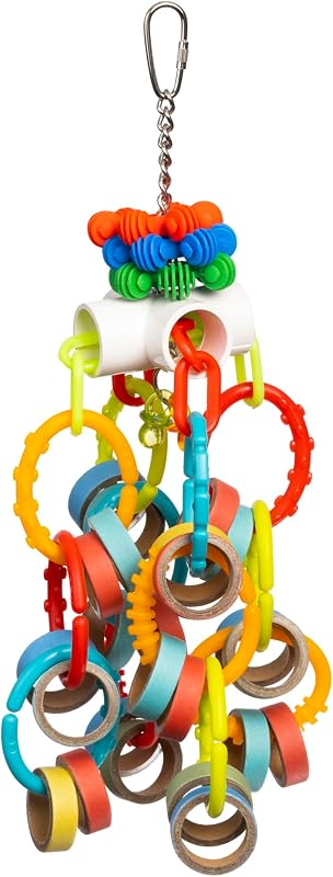 Productos para mascotas Prevue Loops 'n Rings Playfuls Juguete de pájaro físico y mental - Accesorios para loros, conuros, grises africanos, amazonas y pájaros medianos a grandes, juguete de jaula colgante para triturar y masticar