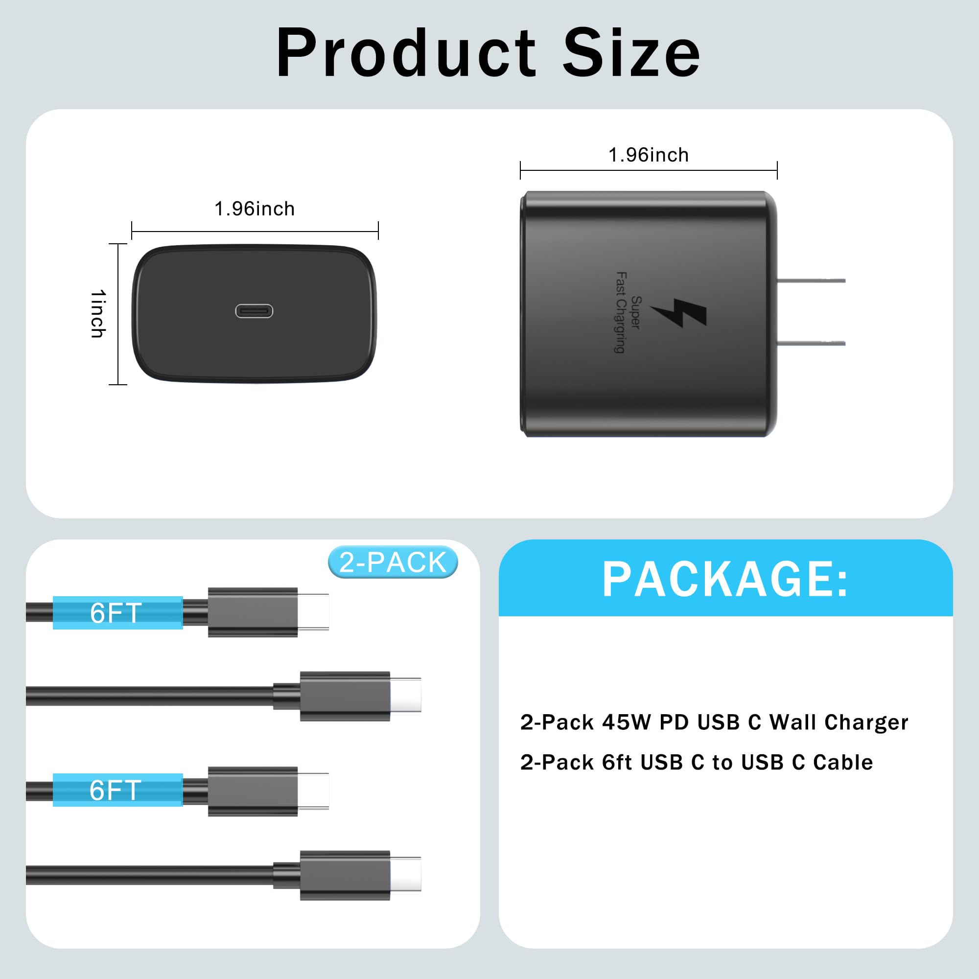 45W Super Fast Charger USB C Type C PD 3.0 45Watt USB-C Android Phone Charger with 6FT Fast Charging Cord for Samsung Galaxy S25/S25 Ultra/S25+/S24/S24Ultra/S24+/S23/S23Ultra/S23+/S22/S21/S20 (2Pack)