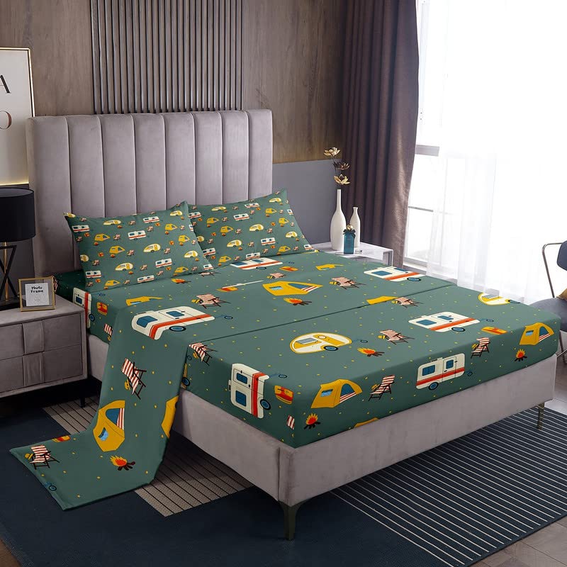 Camper Bed Sheets Set Happy Camping Kids Sheet Set Boys Girls Cartoon Camping Car Decor Sheets with Deep Pocket Fitted Sheet RV Camping Microfiber Bedding Set Bedroom Full Size