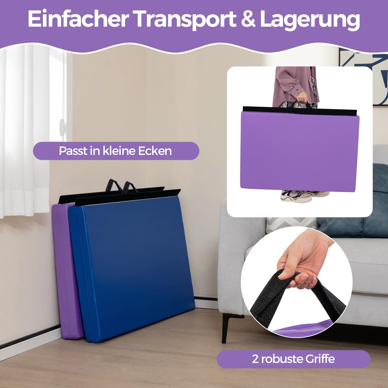 COSTWAY 180x60x4cm Weichbodenmatte, 2 Fach klappbare Gymnastikmatte, Yogamatte mit Klettverschluss und 2 Tragegriffe, Klappmatte, Turnmatte für Gymnastik, Yoga, Fitness und Training