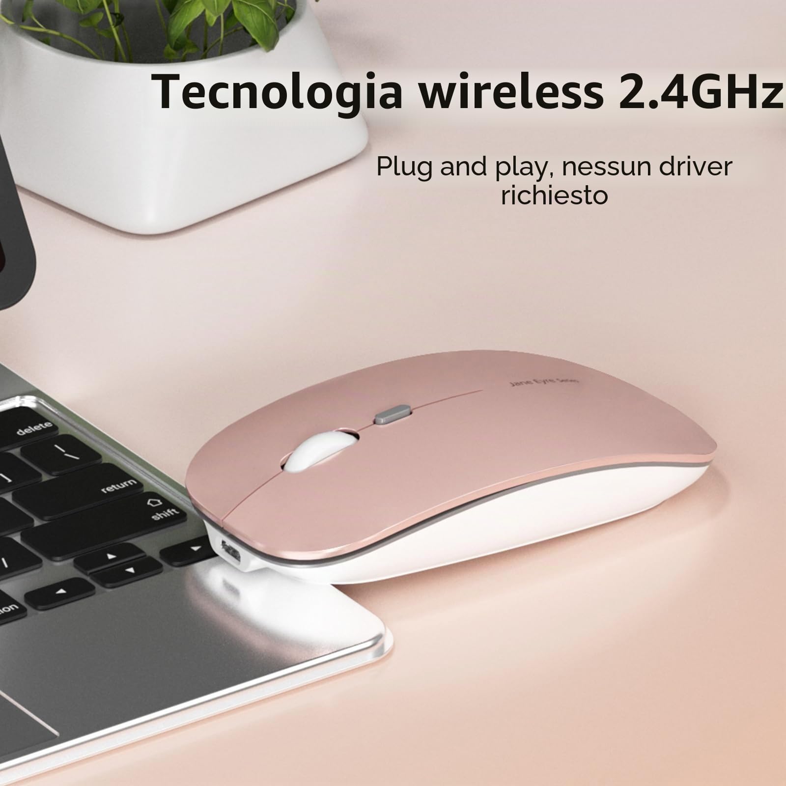 Uiosmuph Q5 Mouse Wireless Ricaricabile, Senza Fili Silenzioso 2,4G 1600DPI Mouse Portatile da Viaggio Ottico con Ricevitore USB per Windows 10/8/7/XP/Vista/PC/Mac (Oro Rosa)