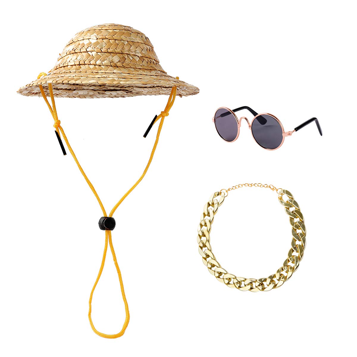 POPETPOP 3 Packs Dog Sunglasses, Retro Pet Dog Cat Straw Hat and Plastic Cool Gold Chains Necklace for Cats and Small Dogs Puppy - Fashion Daily Dog Costume Ornament