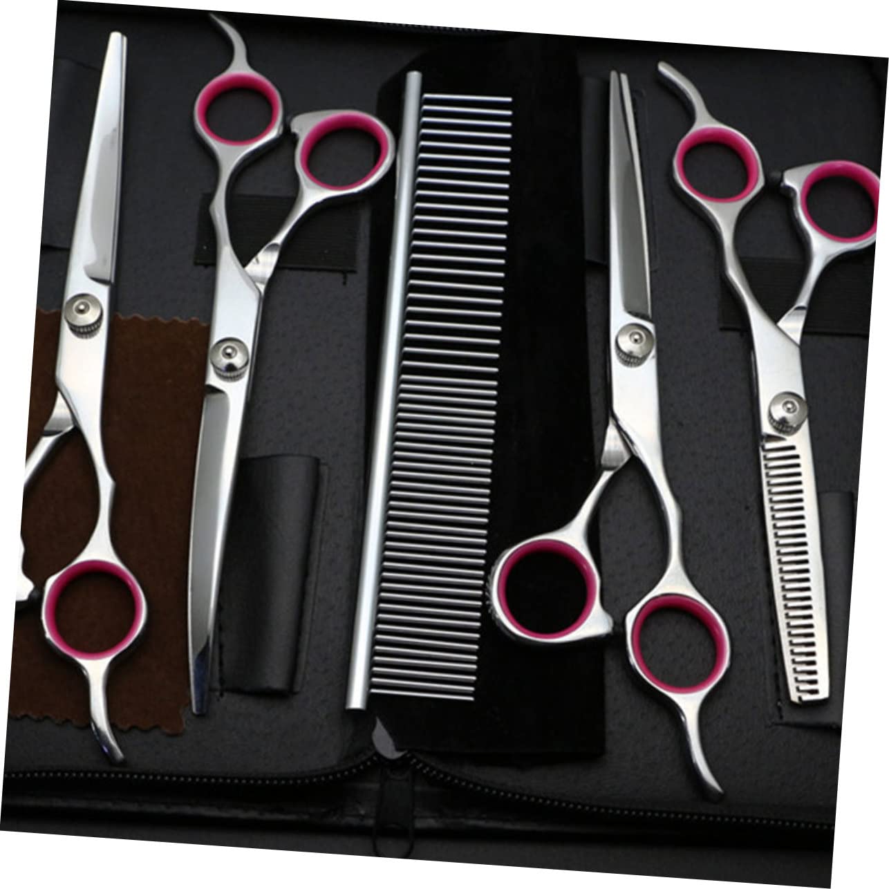 Set Forbici Toelettatura Animali 7 Pollici, 5 Pezzi in Acciaio | Lama Non Smussata, Argento, Include Pettine Dentato e 4 Varianti Curvo, Curvo Giù, Dritto