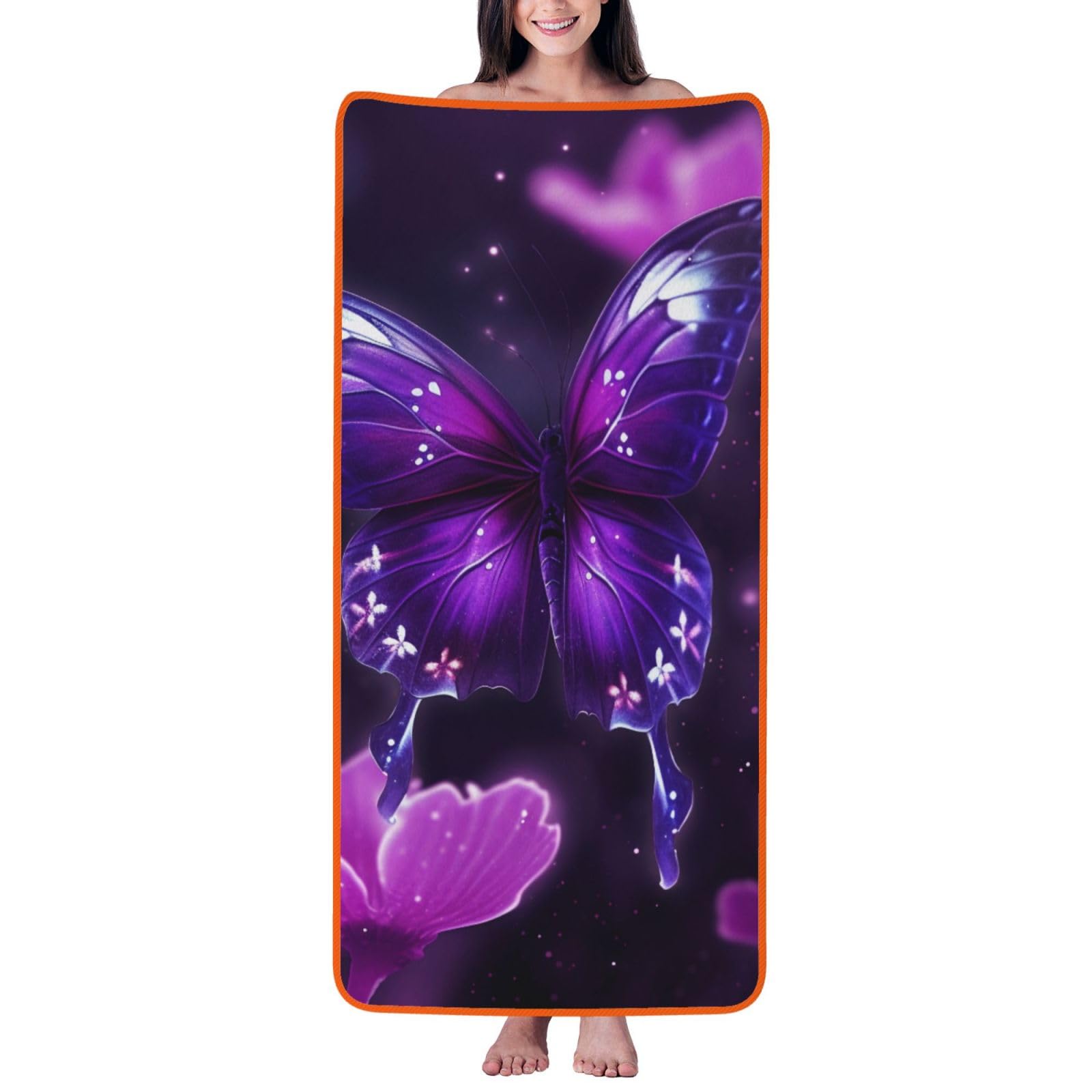 WPKJU Butterfly Printed Bath Towel with Orange Edging - 27x55 in Soft Extra Absorbent Coral Velvet Shower Towels for Bathroom