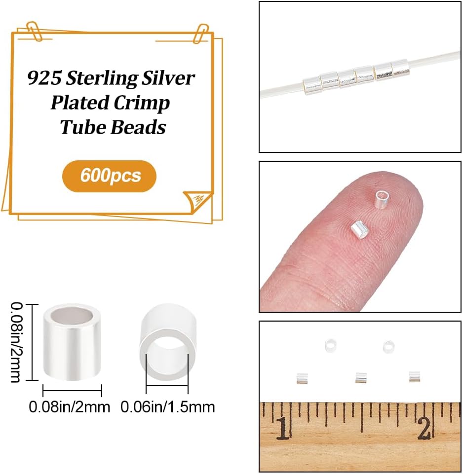 Beebeecraft 1 Box 600Pcs Crimp Tube Beads 925 Sterling Silver Plated Column Spacer Beads Link Connector for Bracelet Necklace Jewelry Making Findings Supplies