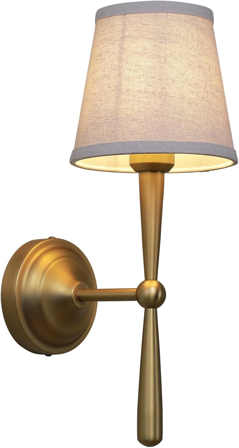 Sconce Wall Lighting with Boho Linen Fabric Shade, E26 Aged Brass Vanity Bathroom Wall Lamp, Hardwired Indoor Wall Light for Living Room Bedside Nightstand Light