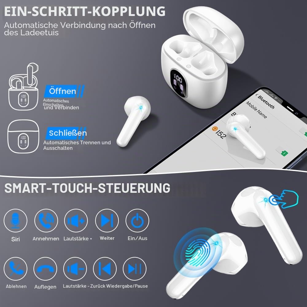 Bluetooth Kopfhörer, Kopfhörer Kabellos Bluetooth 5.4 In Ear kopfhörer bluetooth mit 4 Mic, 50H Kabellose Kopfhörer ENC Noise Cancelling, Tiefer Bass Earbuds IP7 Wasserdicht Ohrhörer, LED-Anzeige