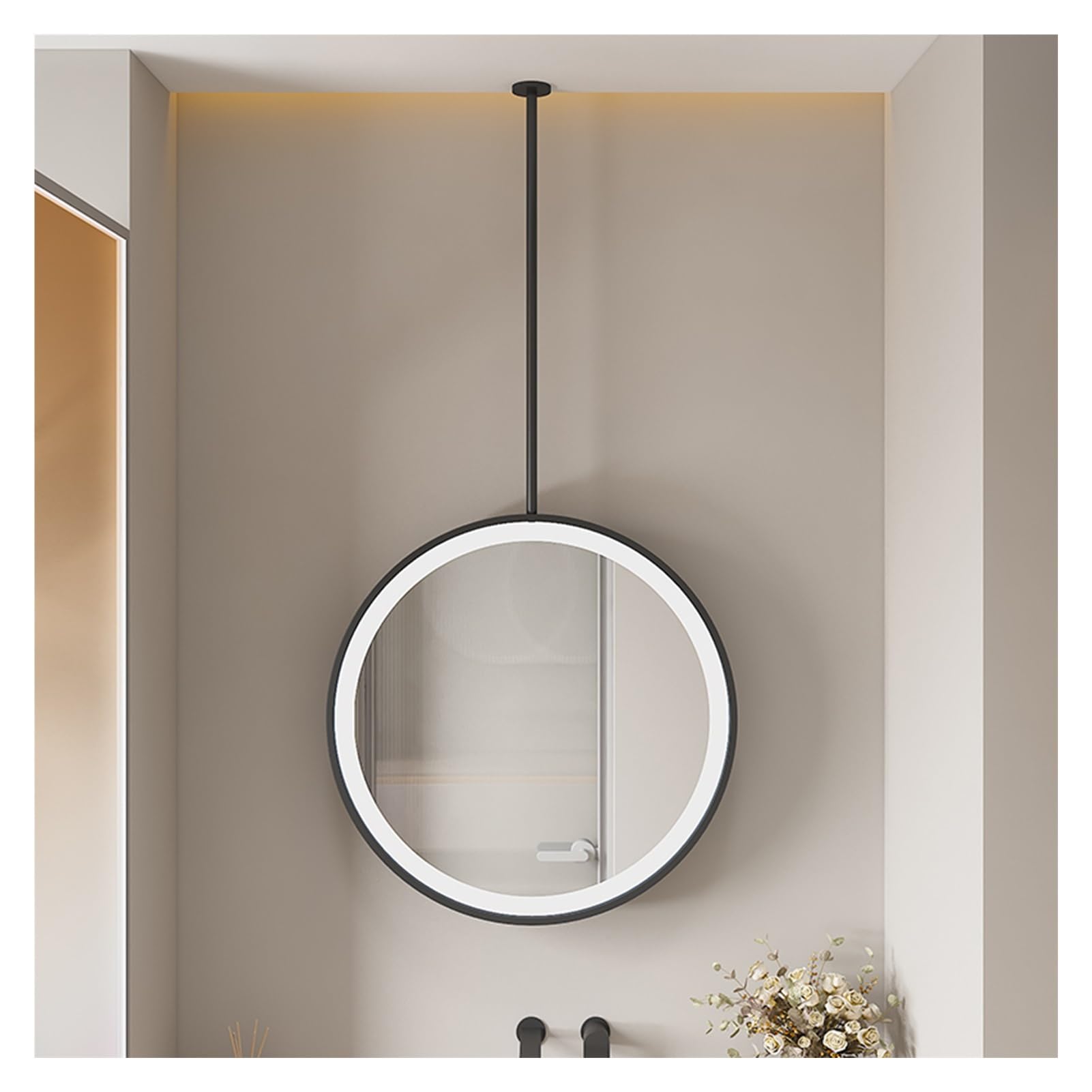 BKSXSOP Illuminated Oval Ceiling Hanging Mirror - 70cm Black Wall-Mounted with Touch Button, Customizable Design for Modern Home Decor