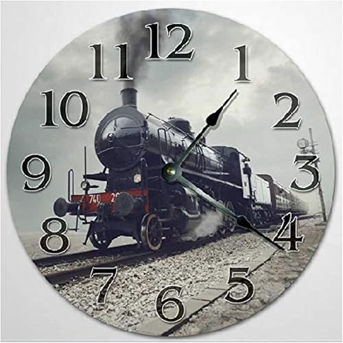 Reloj de pared de tren antiguo, reloj de madera vintage de 10 pulgadas, silencioso, sin tictac, funciona con pilas, para sala de estar, dormitorio,
