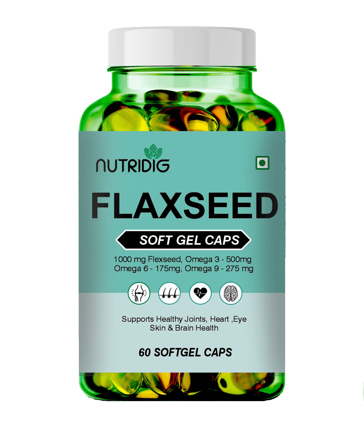 1000 mg Flaxseed Oil Softgel Capsules – Omega 3-6-9 for Heart, Joint, Skin & Metabolism Support – 60 Softgels for Men & Women – FSSAI Certified, Plant-Based, High-Potency