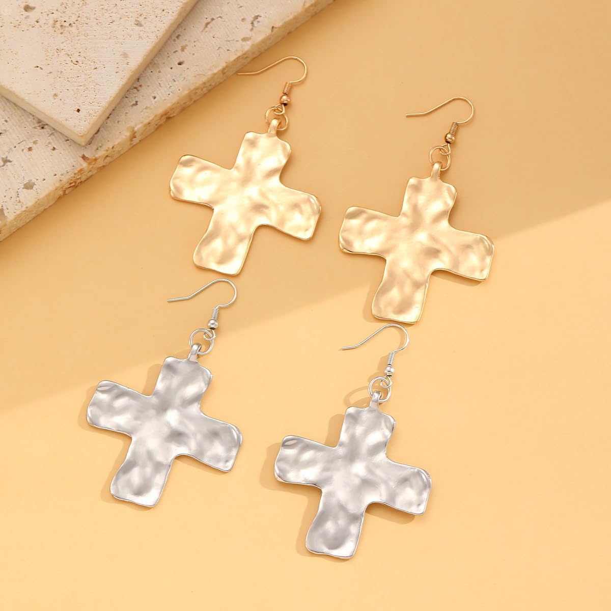 Gold Chunky Cross Earring for Women Silver Chunky Statement Hammered Bold Cross Earring Large Statement Drop Jewelry for Women - Image 5