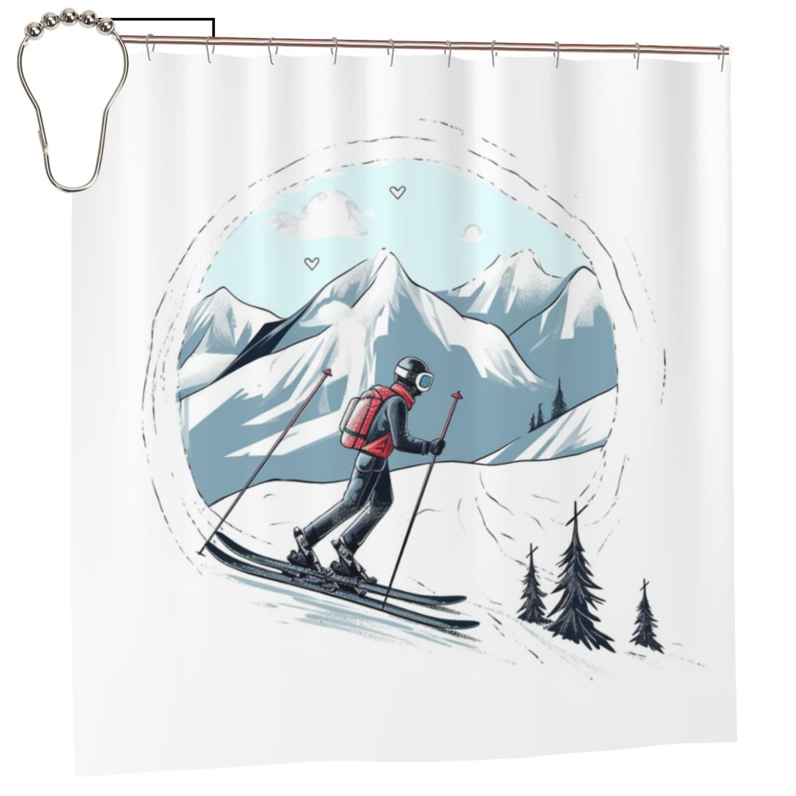 FodPand Skiing Theme Shower Curtain 70"x70" Waterproof Long Bathroom Curtain Heavy Duty Thick Cloth Bath Curtain Set with Hooks, Modern Abstract Art Pattern Bathroom Shower Curtains