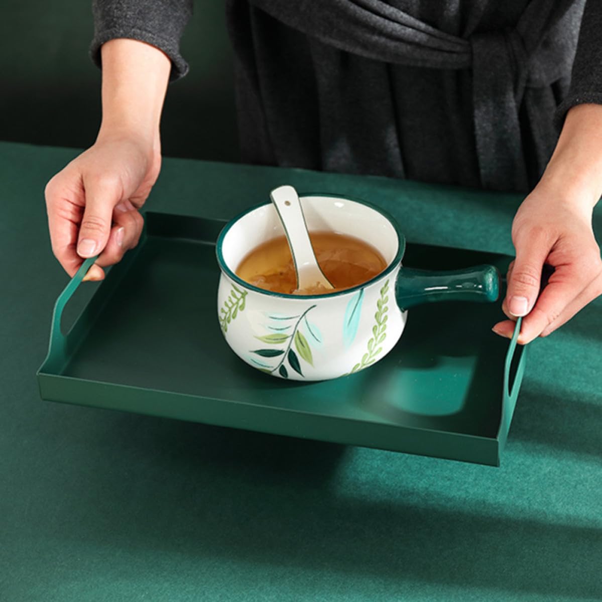 Bandeja de Metal Verde Rectangular con Asas para Servir Aperitivos en Hotel y Cocina, Bandeja de Hierro Portátil para Comida