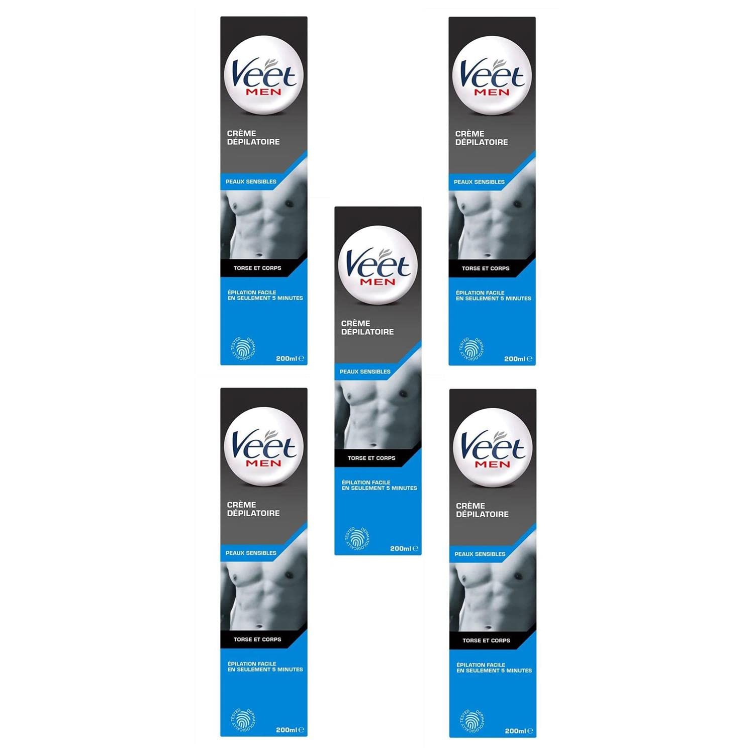VEET Veet Men - Lote de 5 cremas depilatorias sensibles, tubo de 200 ml