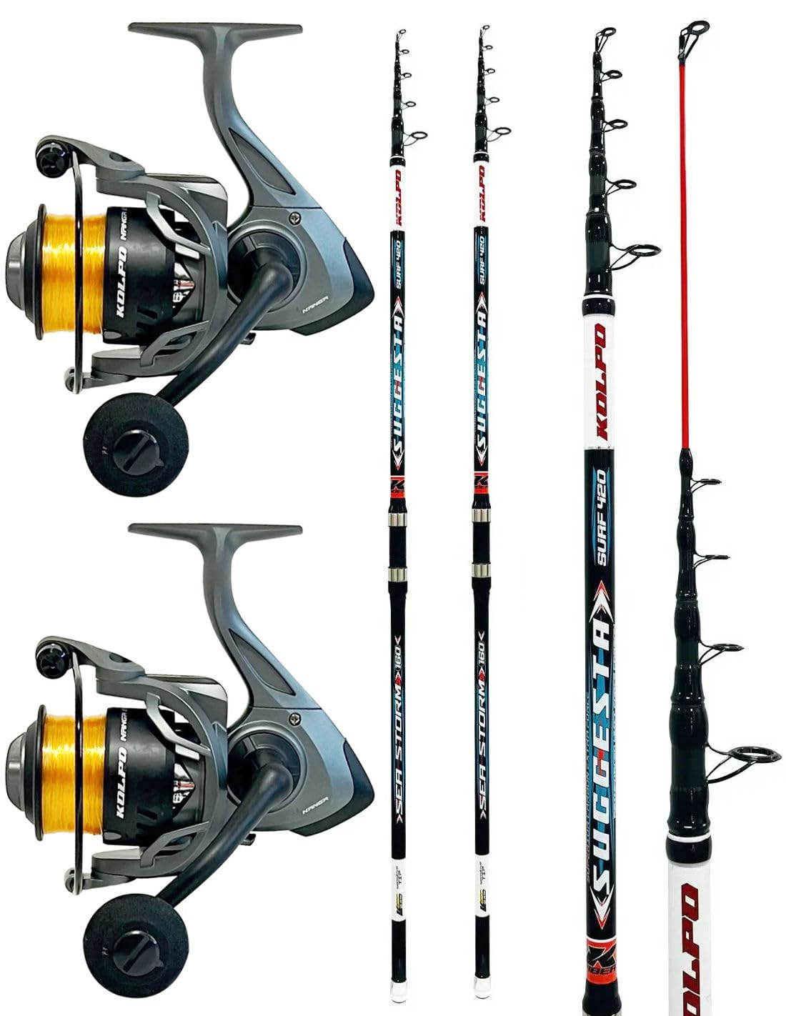 Kolpo kit combo surfcasting con due canne da pesca + 2 mulinelli con filo kit adatto per la pesca in mare di orate spigole mormore serra