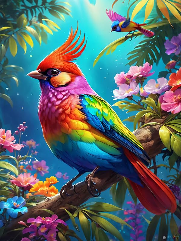 Ahbjnuytf Brightly colored bird sitting on branch in tropical garden Poster Modern Home Furnishing Canvas Painting Wall Art Decorations for Living Room Bedroom Unframed 12'x16'