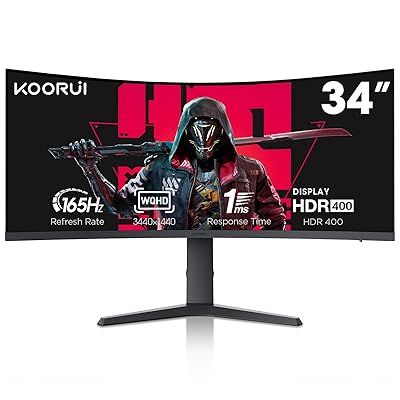 KOORUI 34-inch Ultrawide Curved WQHD 3440×1440 Gaming Monitor, 165Hz 144Hz Curved 1000R- PIP/PBP, 1ms(MPRT) with DisplayHDR 400, FreeSync Premium, 75 * 75mm VESA, HDMI/DisplayPort, 34E6UC