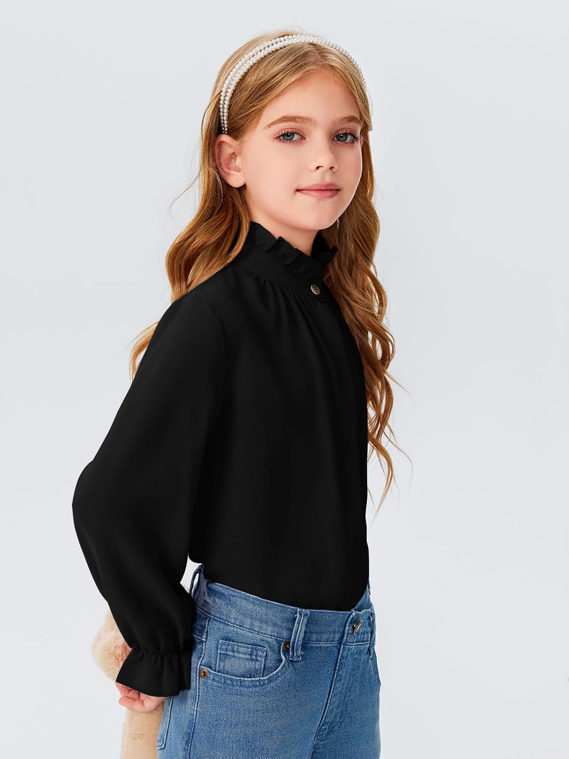 Haloumoning Girls Ruffle Long Sleeve Blouse Kids Button Down Uniform Dress Shirts 5-14 Years - Image 3