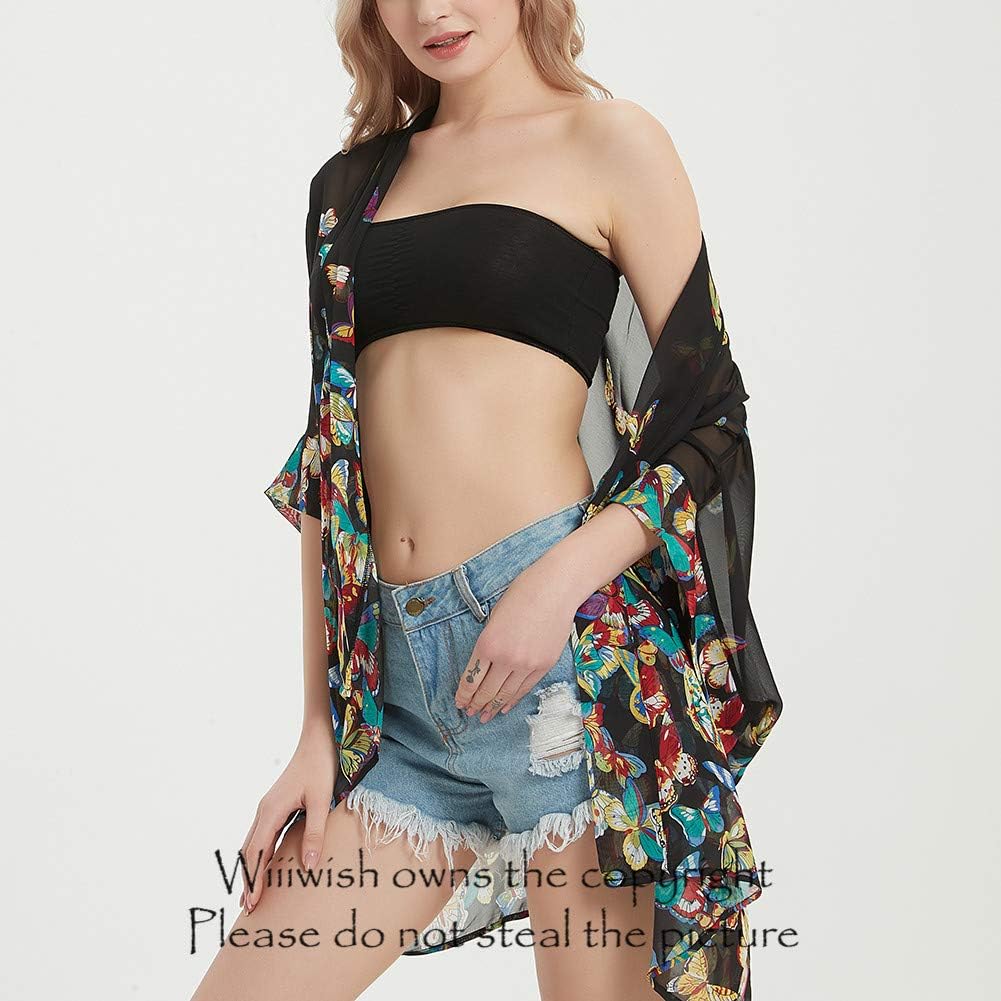 Womens Bohemian Floral Sheer Chiffon Kimono Beach Bikini Cover up Cardigan Capes Tunic - Image 4