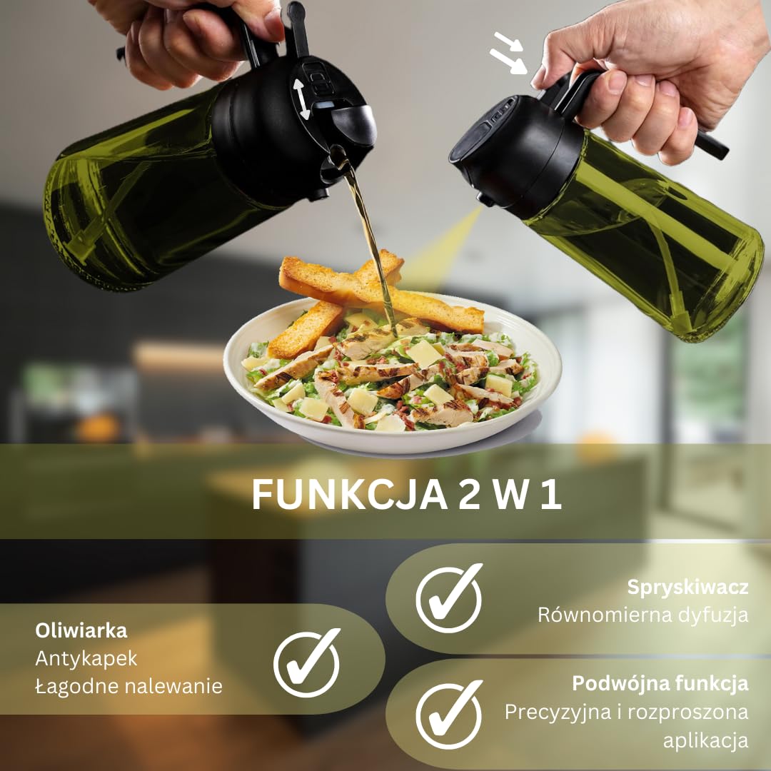2-w-1 Spray i Dozownik Oleju – 470ml | Ciemnozielone Szkło z Ochroną UV przed Słońcem | Butelka Antykapiąca na Oliwę do Kuchni, Grilla, Frytkownicy, Zdrowe Gotowanie, Świeżość Smaku