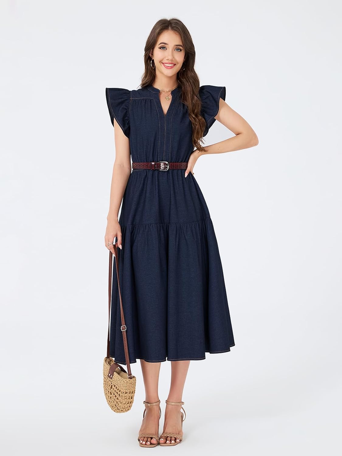 D-Sun Maxi Dress Women 2026 V-Neck Ruffle Sleeve Navy Blue Chambray Tiered Flowy Beach Long Dress - Image 6