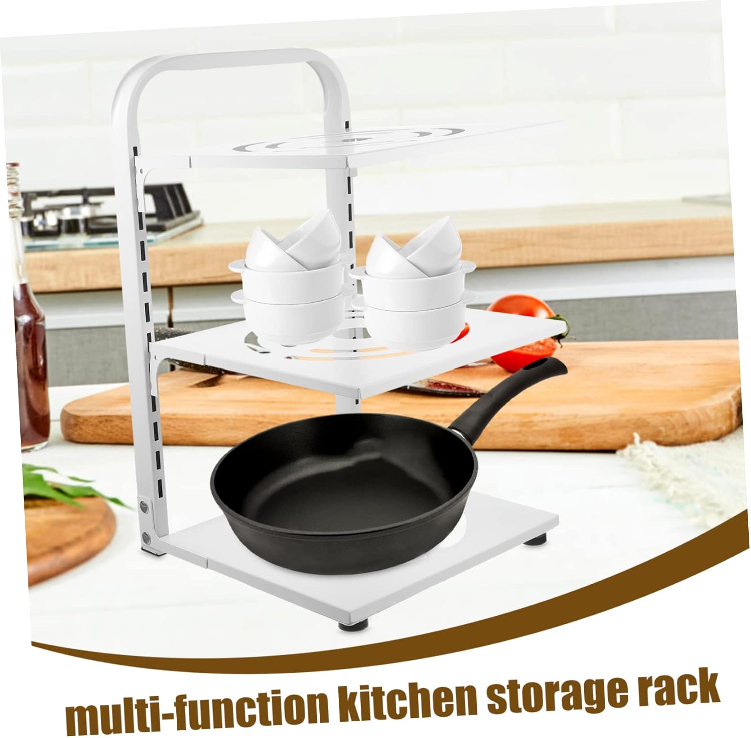 Adjustable 3-Tier Pot Rack for Kitchen Carbon Steel Multi-Function Pan Organizer Foldable Design for Cabinet Under Sink Convenient Storage for Household Use
