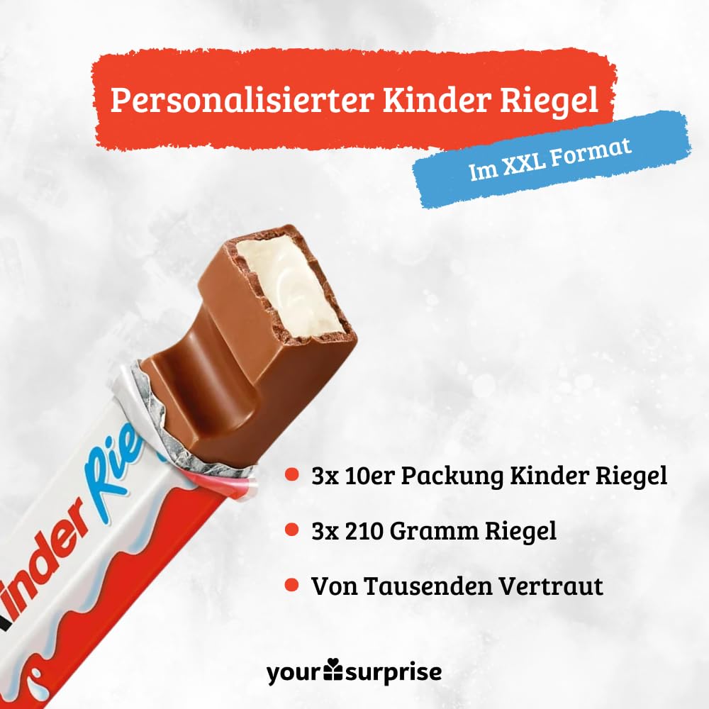 XXL kinder Riegel personalisiertes Geschenk mit Name - Geburtstagsgeschenk für Männer und Frauen personalisiert mit 3x 10er Packung kinder Riegel Schokolade (630 gramm)
