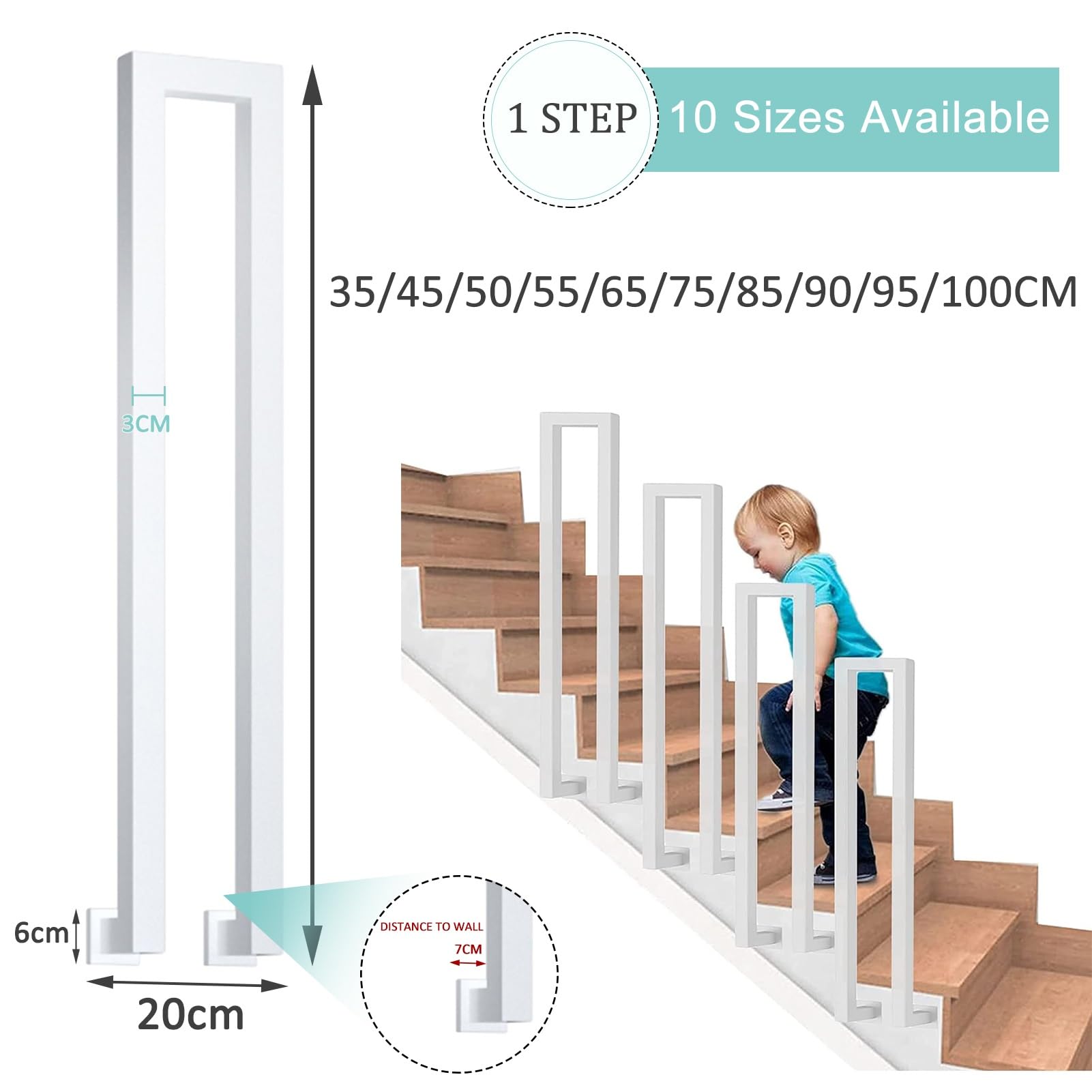 Ringhiera per scale da interno, Corrimano for scale in metallo bianco a forma di U, altezza 35-100 cm, con kit installazione(35cm(1.1ft))