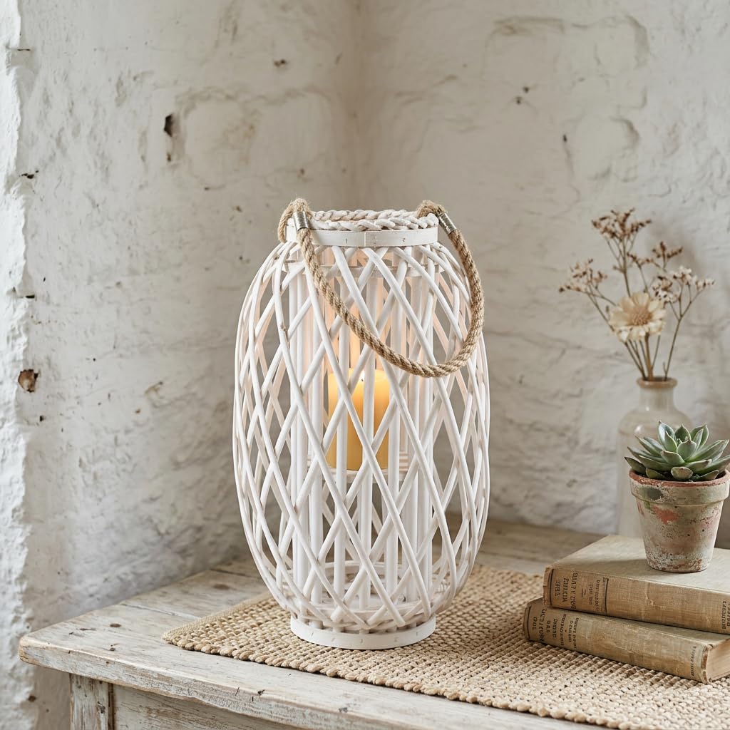Lanterna Bianca in Vimini con Manico in Corda, Lanterna Decorativa Alta per Interni ed Esterni Stile Rustico 16x44 cm