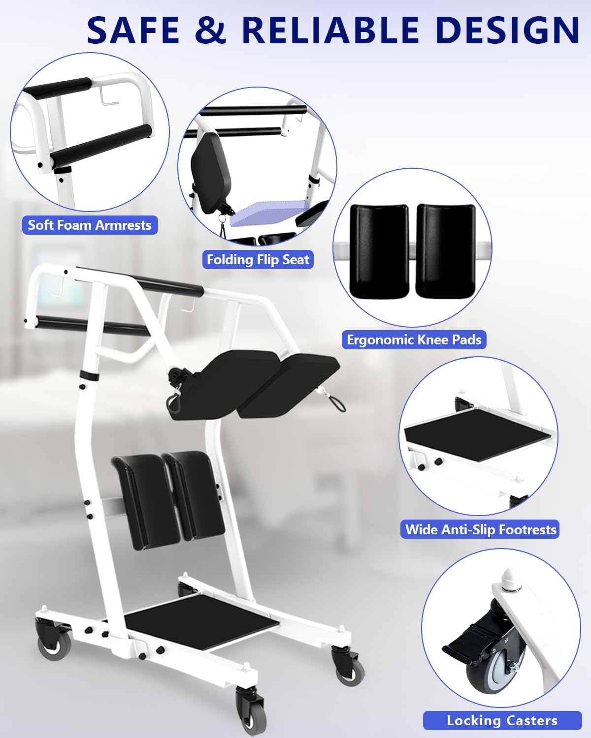 상세한 view of KIIUMI Sit-to-Stand Lift features including armrests, folding seat, knee pads, footrests, and locking casters.