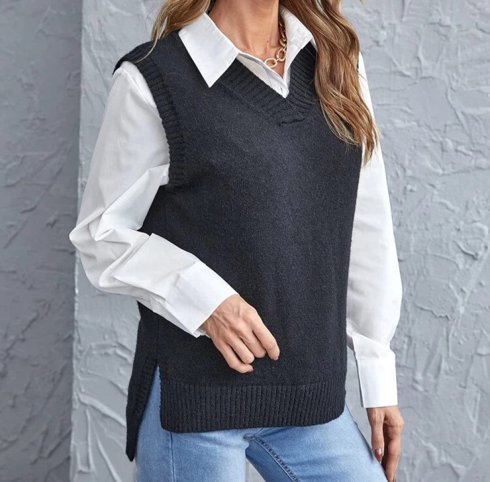 OZEO Maglioni Gilet,Gilet da Donna Semplice Nero Classico A Costine Spacco Laterale Lavorato A Maglia Fine Gilet Scollo A V Senza Maniche Tinta Unita Maglioni Gilet Canotte per Ragazze da Donna,L