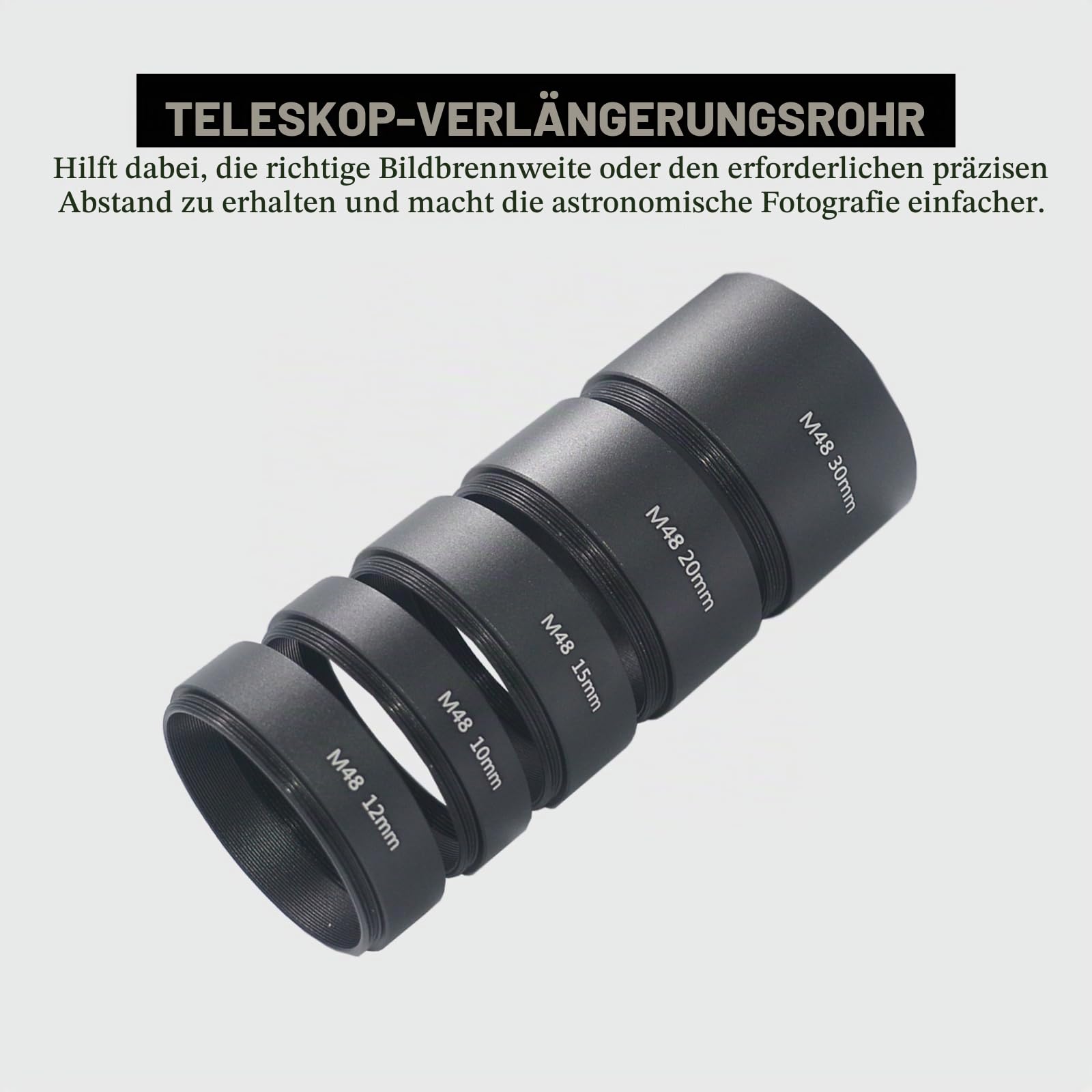 8 Stück M48 x 0,75 Teleskop-Verlängerungsrohr-Set, T2-Verlängerungsrohr-Set, Länge 3 mm, 5 mm, 7 mm, 10 mm, 12 mm, 15 mm, 20 mm, 30 mm, ausziehbar für astronomische Teleskop-Fotografie