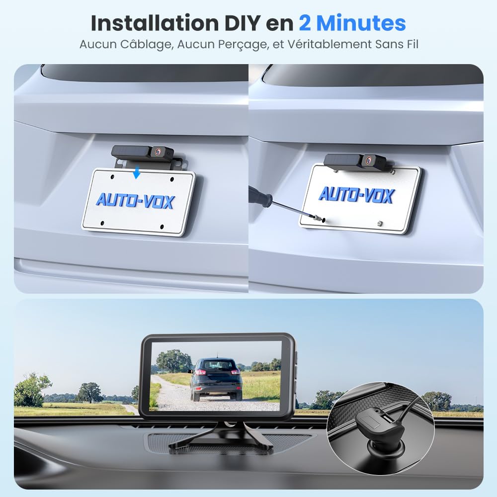 AUTO-VOX Camera de Recul sans Fil Solar avec Moniteur 5" 1080P: Batterie 5000mAh, Installation DIY 2 Mins, IP69K Imperméable, pour Fourgon/SUV/Camion/Remorque