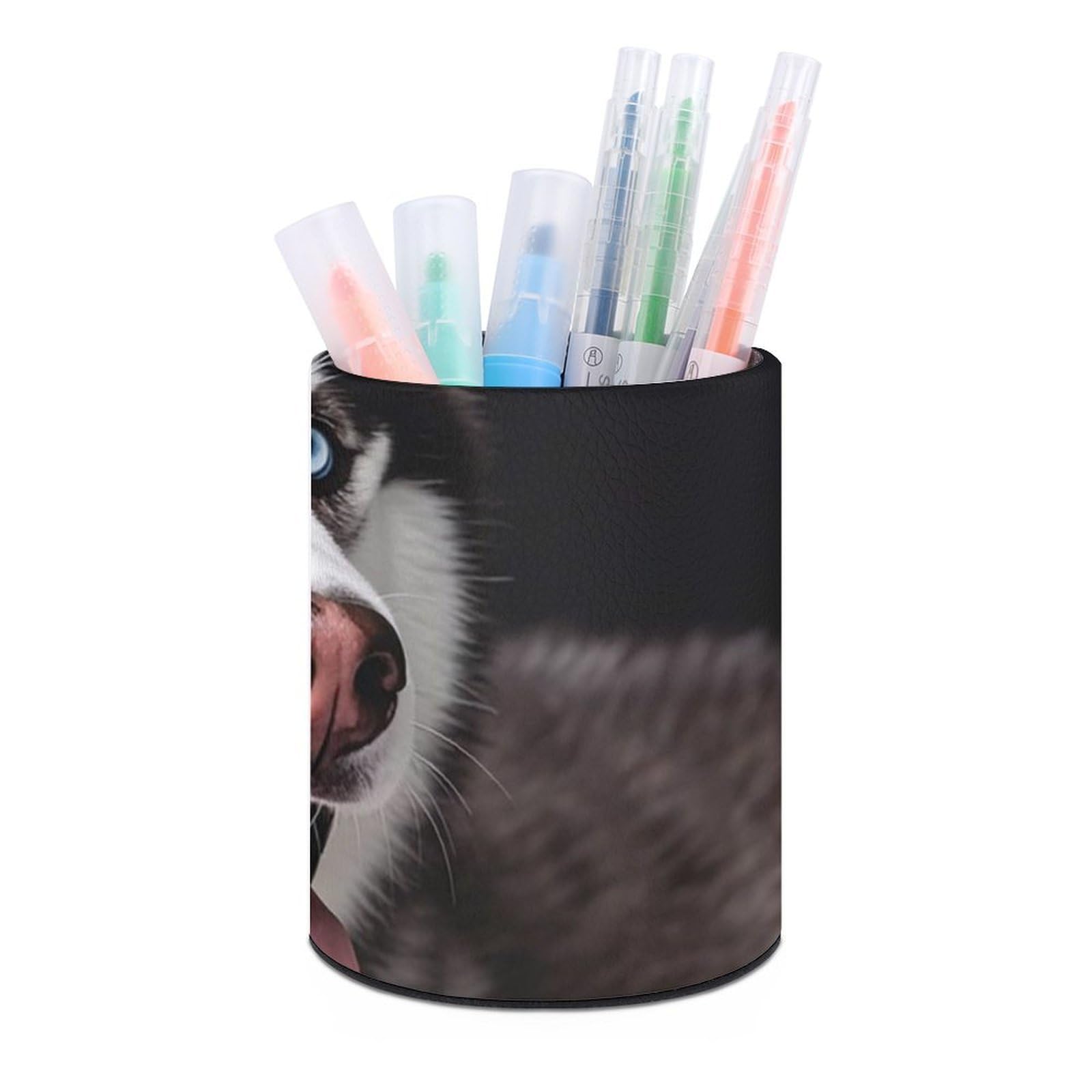 FekiLoot PU Leather Round Pen Holder Cute Husky Dog Pencil Holder Desk Organizer Pen Organizer Pen Cup Pencil Cup Caddy Desktop Stationery Organizers for Office Home Supplies