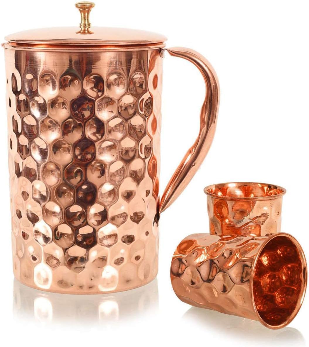1 Copper Water Jug And 2 Glass Diamond Design Pitcher And Tumbler Mix Drinkware Set Water Storage Item- (1500 ml Jug And 300 ml Glass)
