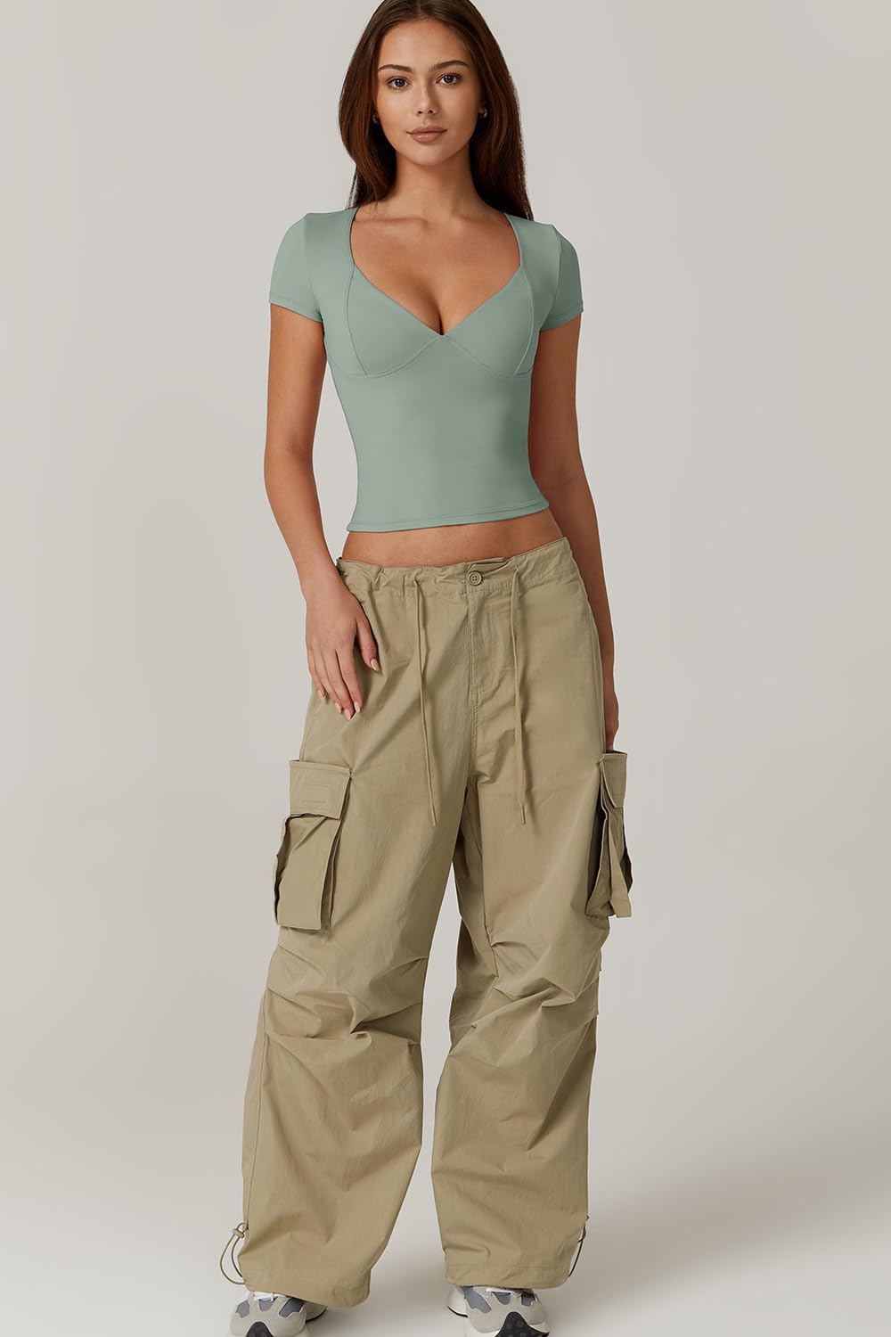 QINSEN Women's V Neck Short Sleeve T Shirts Double Lined Tee Seamed Cup Going Out Tops - Image 5