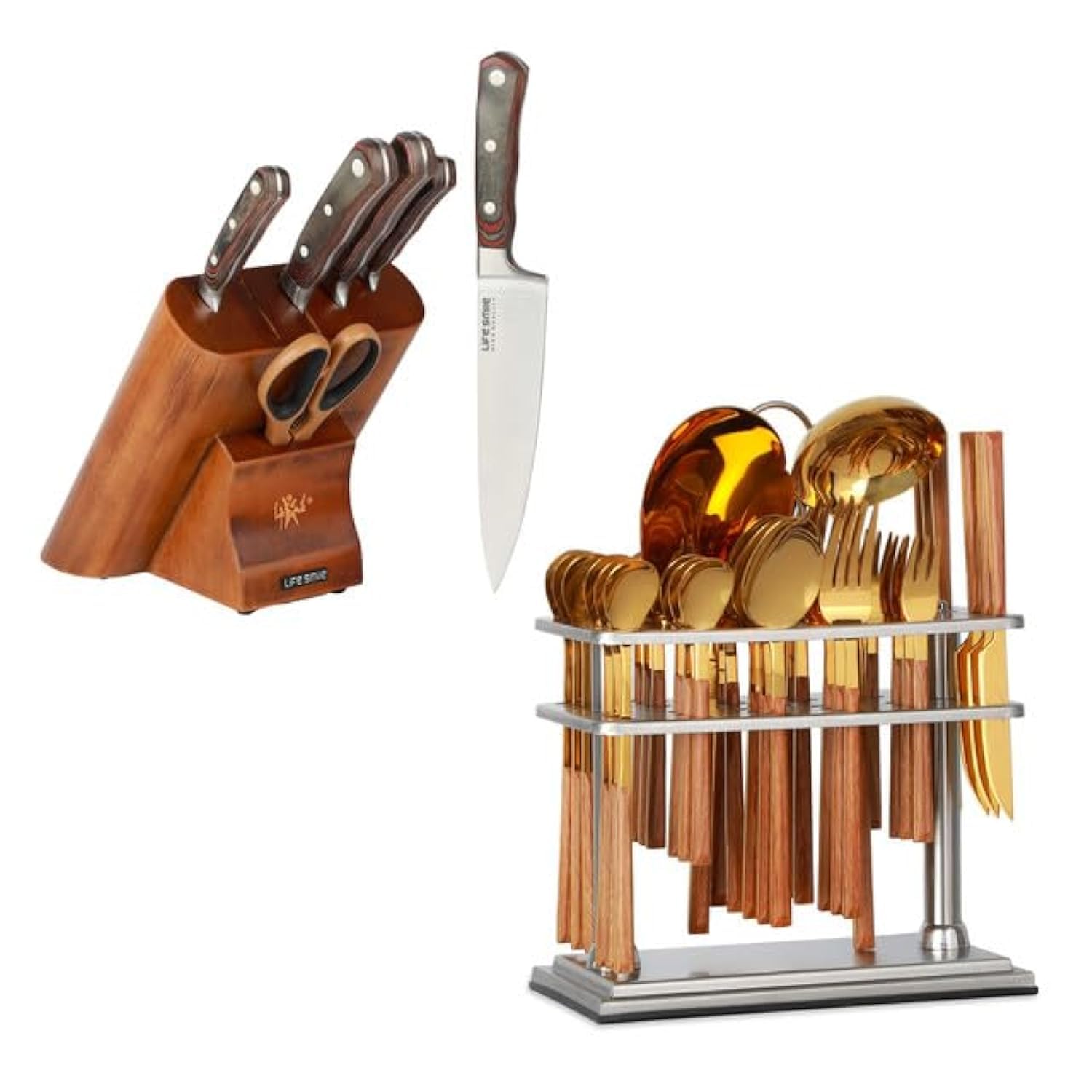 Life Smile Kitchen Set, Include Kitchen Knife Set With Block & 38 Pieces 18/10 Stainless Steel Cutlery Set-Dishwasher Safe-CUT-NSEL-MIX-2-61