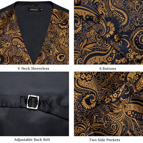 Image of DiBanGu Mens Paisley Suit Waistcoat,Silk Dress Vest and Bowtie Pocket Square Cufflinks with Lapel Pin Set for Wedding Tuxedo